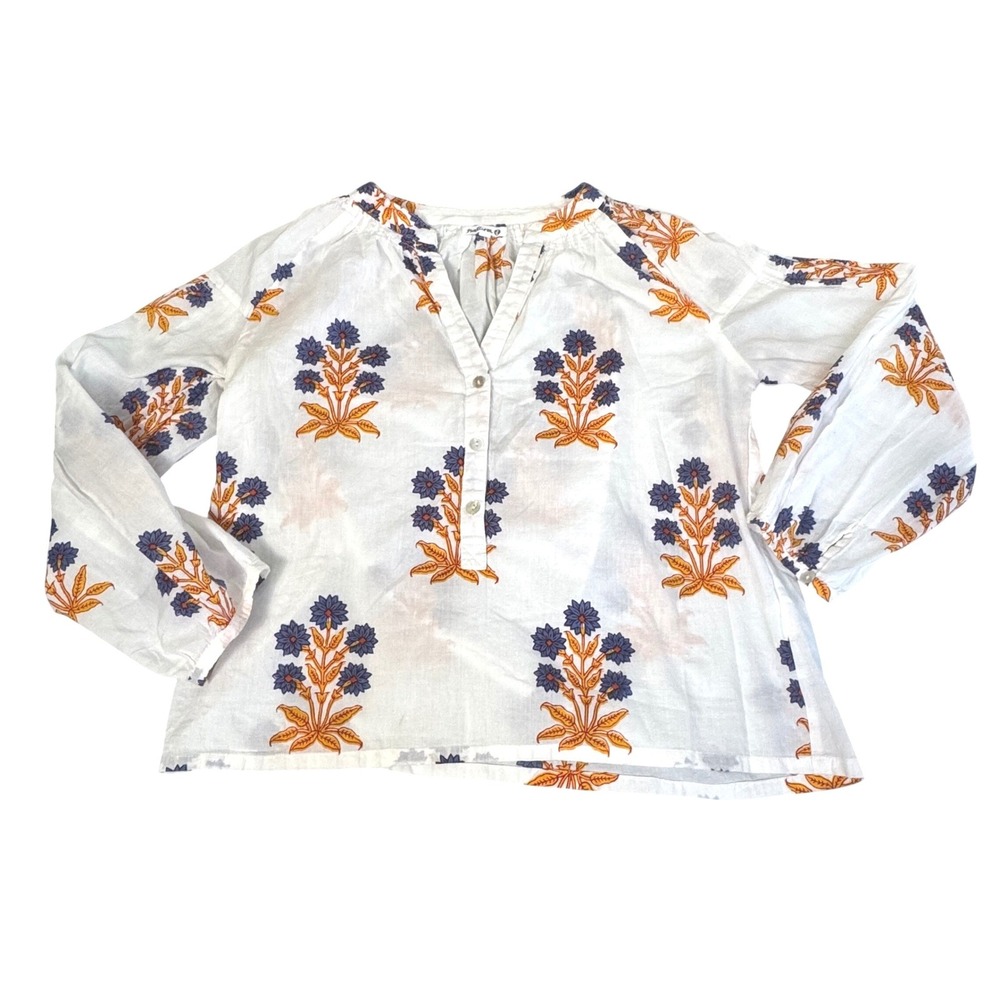 Natura Floral Block Print Lightweight Top Sz S Coastal Peasant White Blue Orange